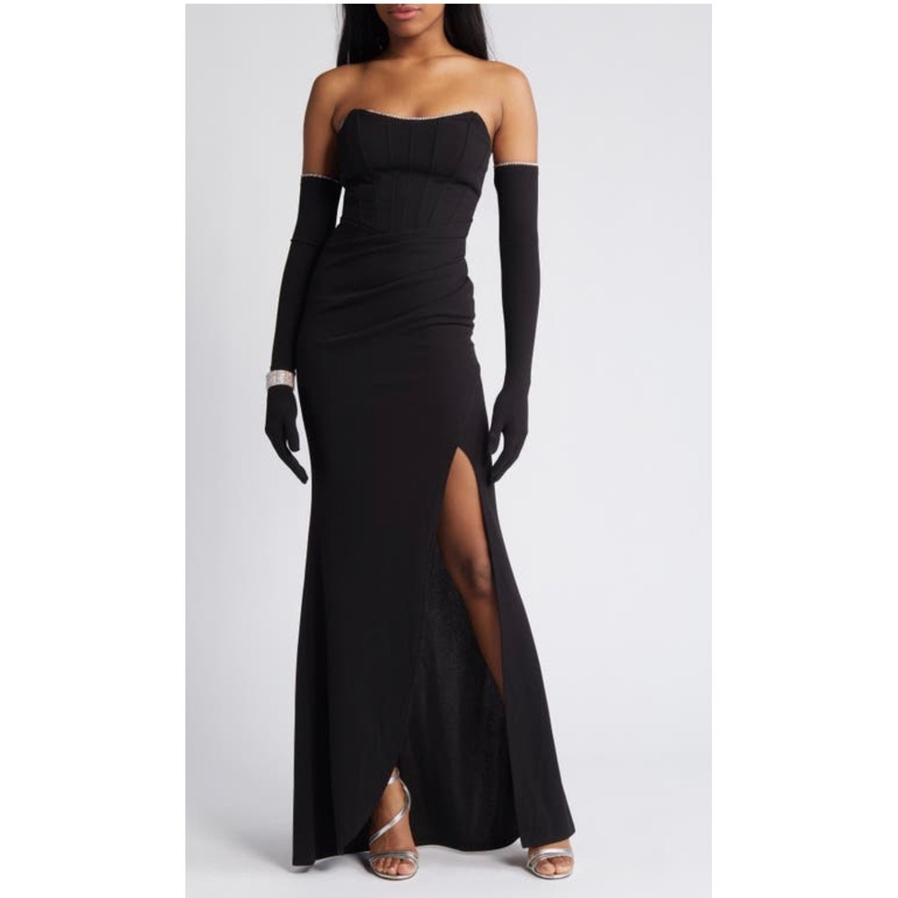 Love Nickie Lew Strapless Corset Gown with Slit and Gloves Black Medium AQQ3405